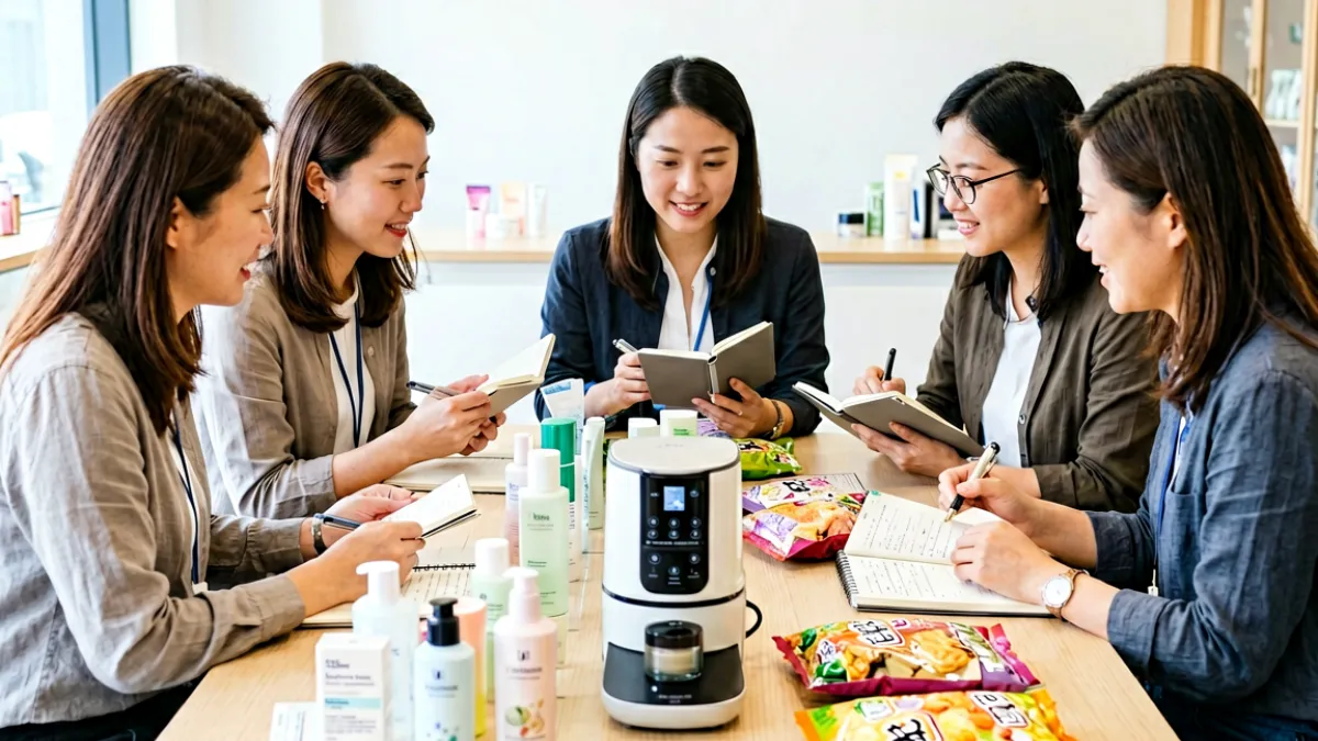编辑团队在办公桌前审阅亚洲精品商品评测报告，桌上摆放着多款来自日本和韩国的精选商品与评测笔记本