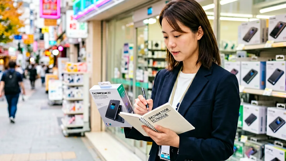 编辑团队成员在东京秋叶原电器街考察最新电子产品，手持评测笔记本记录参数信息