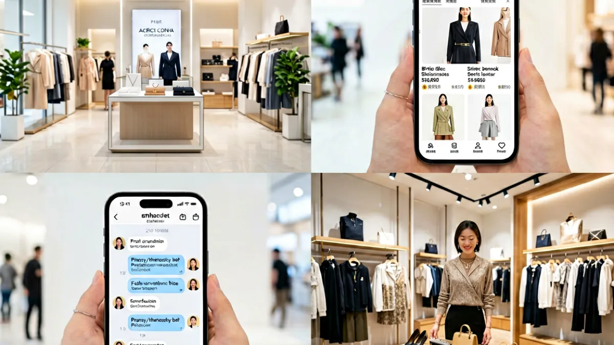 不同购物渠道的对比展示图，画面中分为四个区域分别呈现官方旗舰店、跨境电商平台、代购渠道和线下买手店的典型购物场景