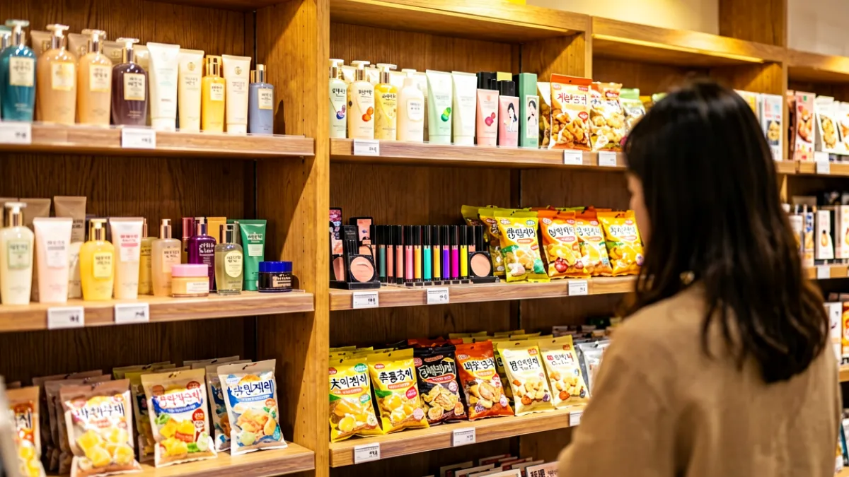 亚洲精选手信店陈列场景：木质货架上整齐摆放着来自日本、韩国、泰国等地的护肤品、零食和文创周边，柔和暖光下透出生活质感