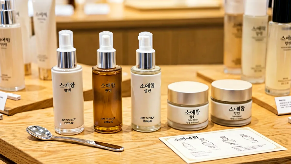 韩国护肤柜台特写：多款韩系精华与面霜排列在暖木色台面上，旁边放着一把小巧的美容勺和一张成分表，透着精致的梳妆台氛围