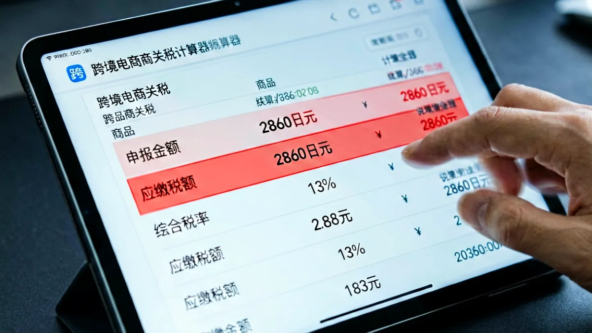 海关关税计算器界面特写，屏幕显示商品申报价格为2860日元，税率13%，应缴税额及完税价格一目了然