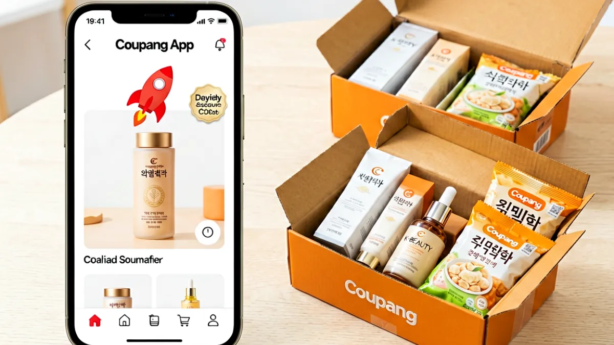 Coupang App界面截图展示当日达商品页，红色火箭图标醒目，旁边摆放着韩国本土美妆与零食开箱实物，呈现高效快速的购物体验