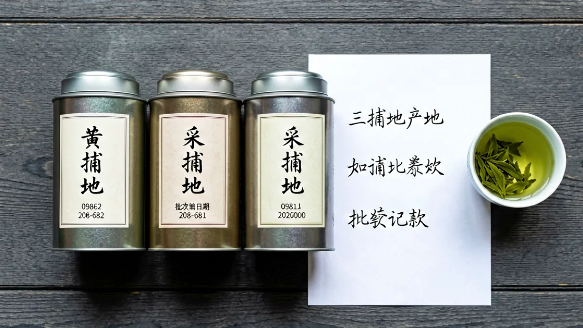 桌面上摆放着三款来自不同产地的亚洲精品茶罐，标签上清晰印着采摘日期和批次编号，旁边放着一张对比记录表